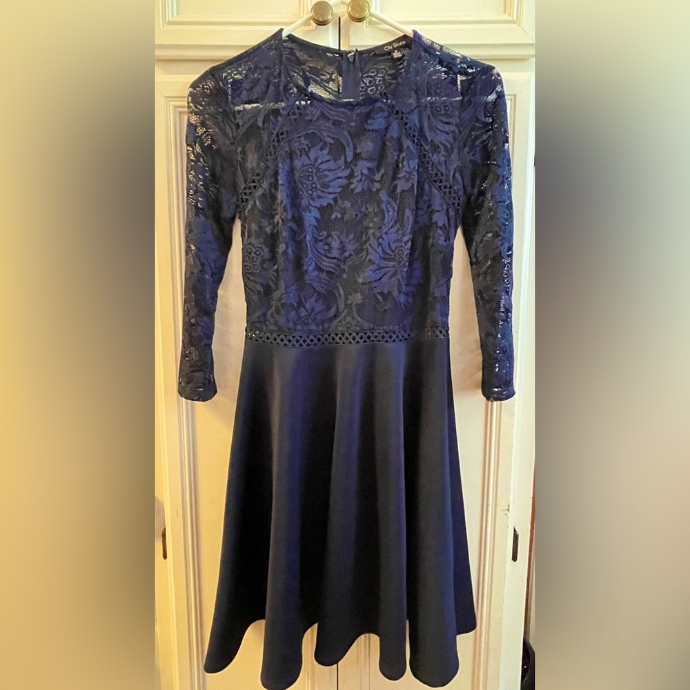 City Studio Fit and Flare long sleeve lace bodice dress in navy blue, size 3
